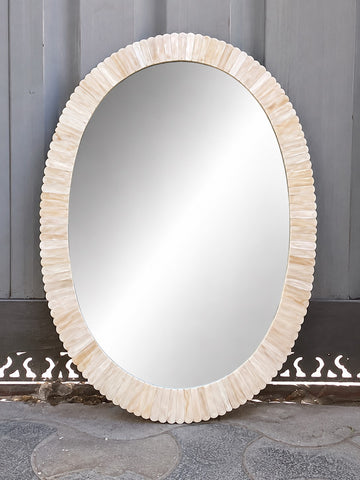 Handmade Ivory Scalloped Bone Inlay Oval Wall Mirror