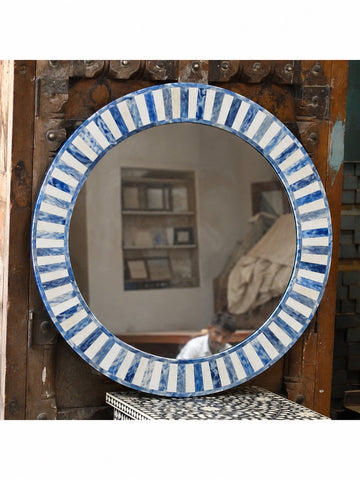 Handmade Blue & White Bone Inlay Round Mirror – Striped Design