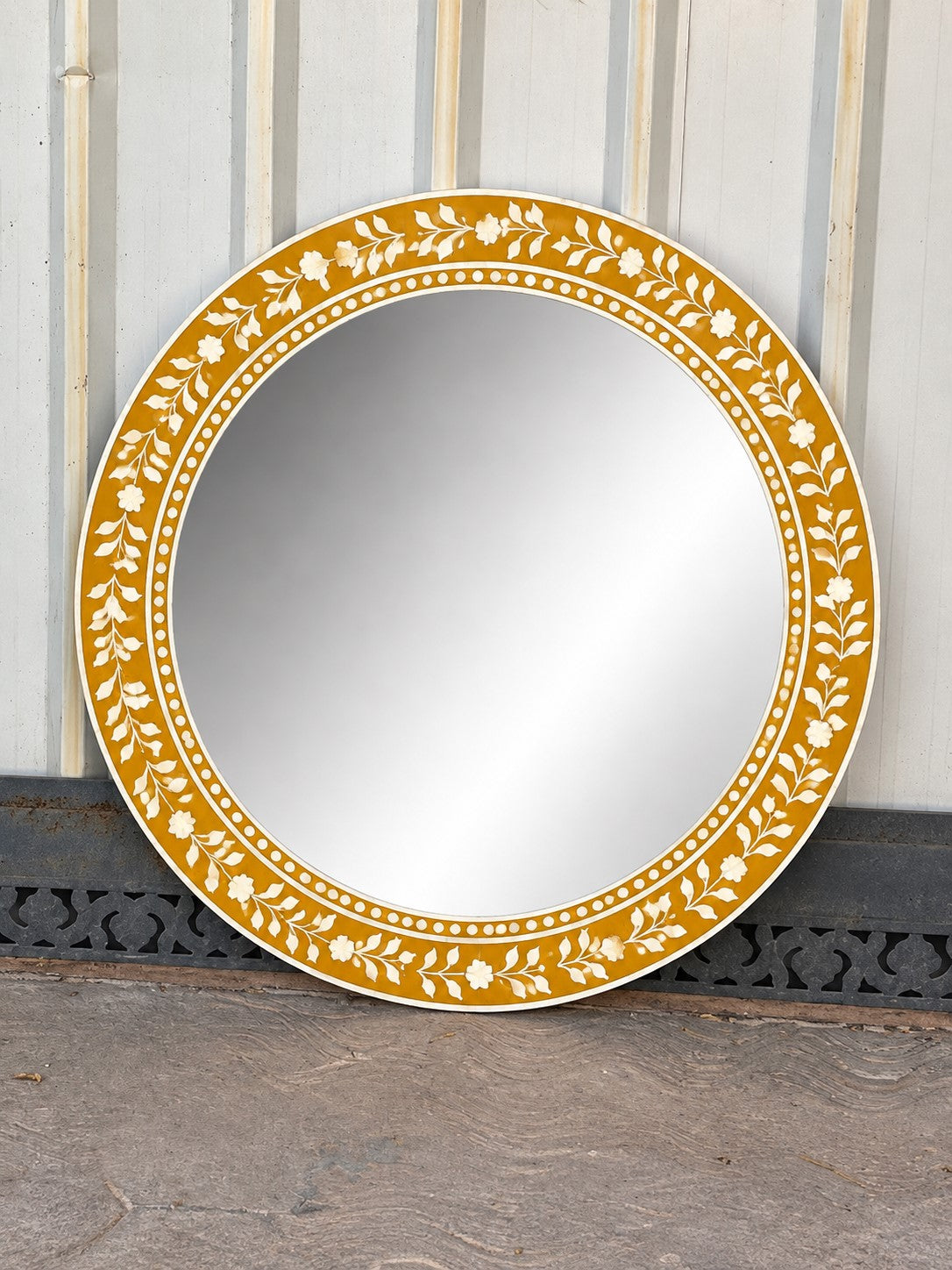 Handmade Mustard Yellow Floral Bone Inlay Round Wall Mirror