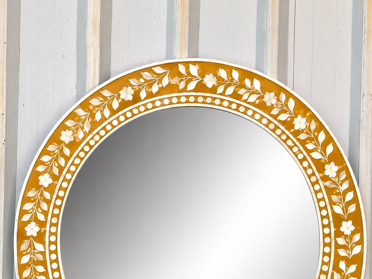 Handmade Mustard Yellow Floral Bone Inlay Round Wall Mirror