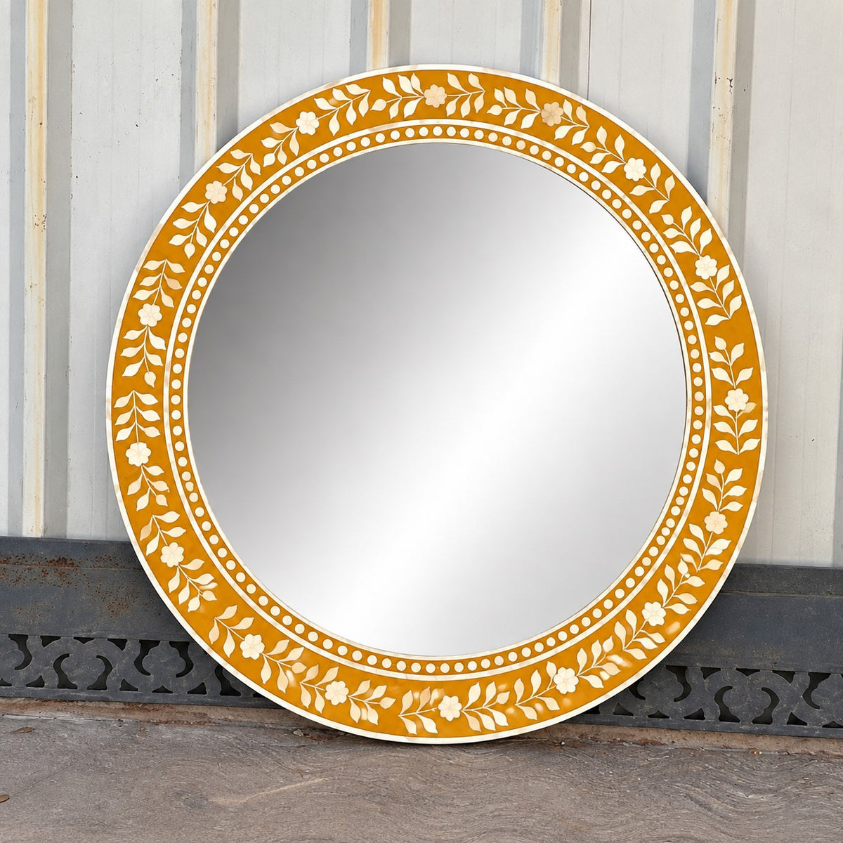 Handmade Mustard Yellow Floral Bone Inlay Round Wall Mirror