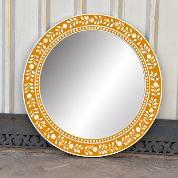 Handmade Mustard Yellow Floral Bone Inlay Round Wall Mirror