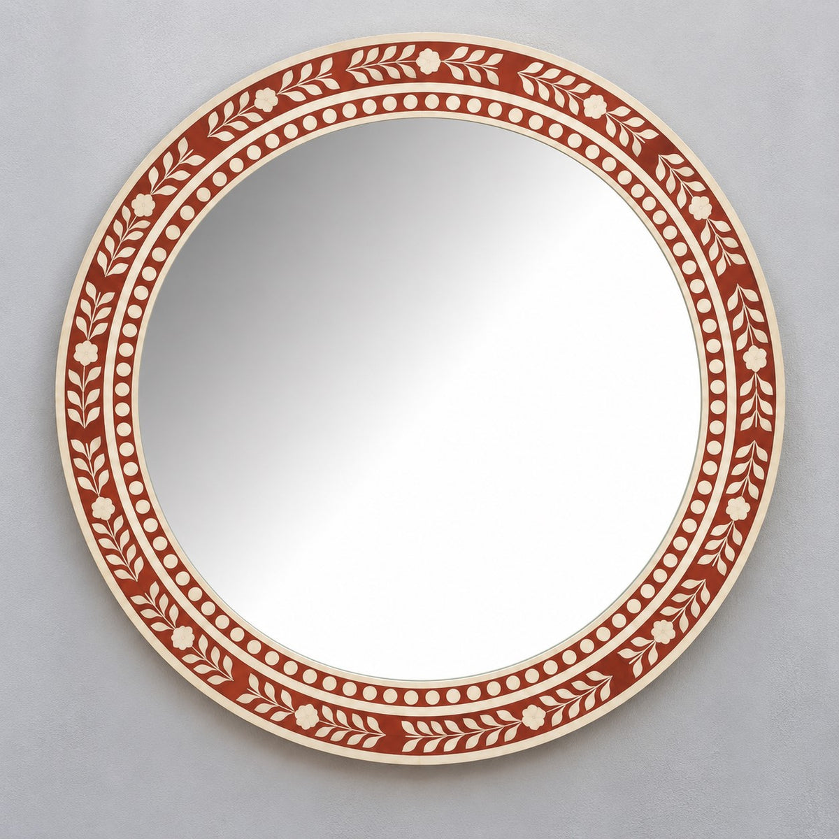 Handmade Terracotta Floral Bone Inlay Round Wall Mirror