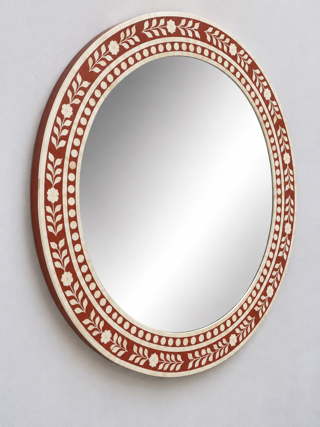 Handmade Terracotta Floral Bone Inlay Round Wall Mirror