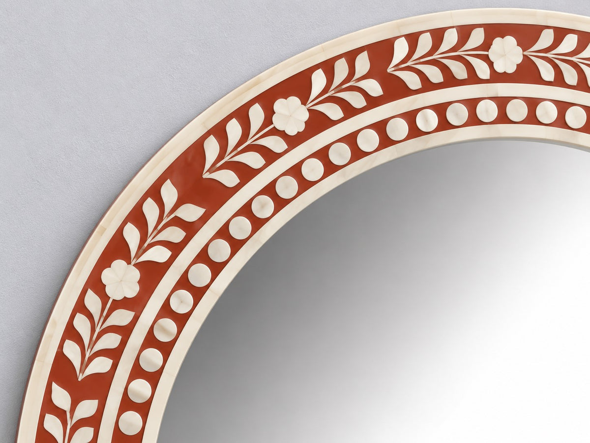 Handmade Terracotta Floral Bone Inlay Round Wall Mirror