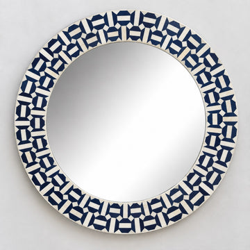 Handmade Navy Blue Geometric Bone Inlay Round Wall Mirror
