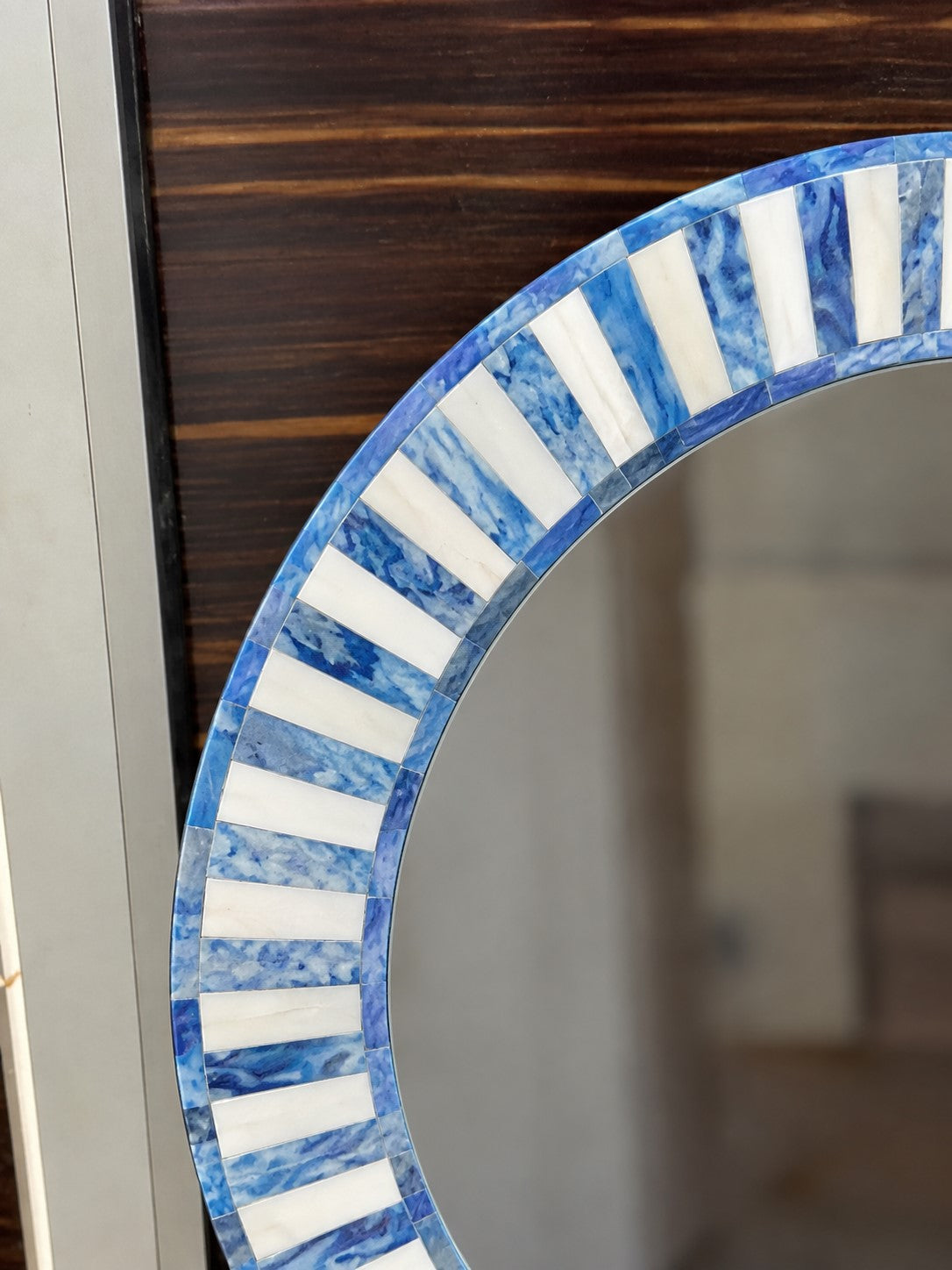 Handmade Blue & White Bone Inlay Round Mirror – Striped Design