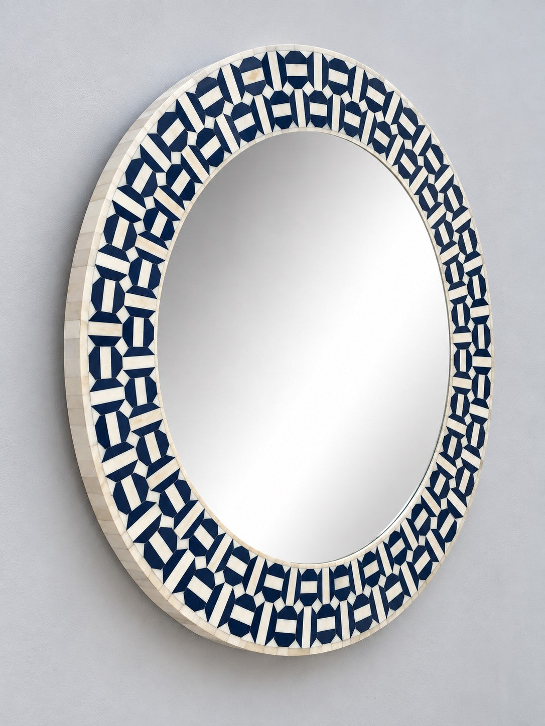 Handmade Navy Blue Geometric Bone Inlay Round Wall Mirror