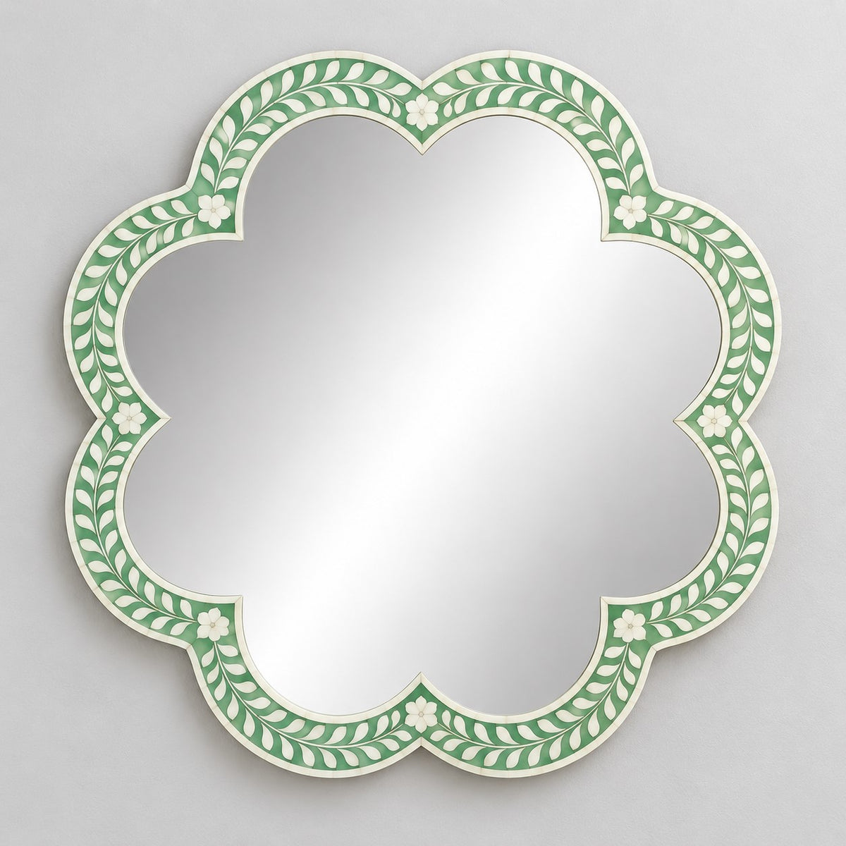 Handmade Green Floral Bone Inlay Scalloped Wall Mirror