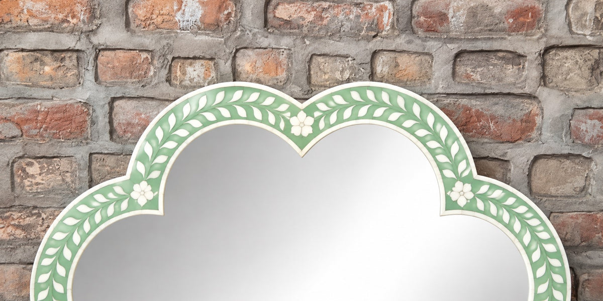 Handmade Green Floral Bone Inlay Scalloped Wall Mirror