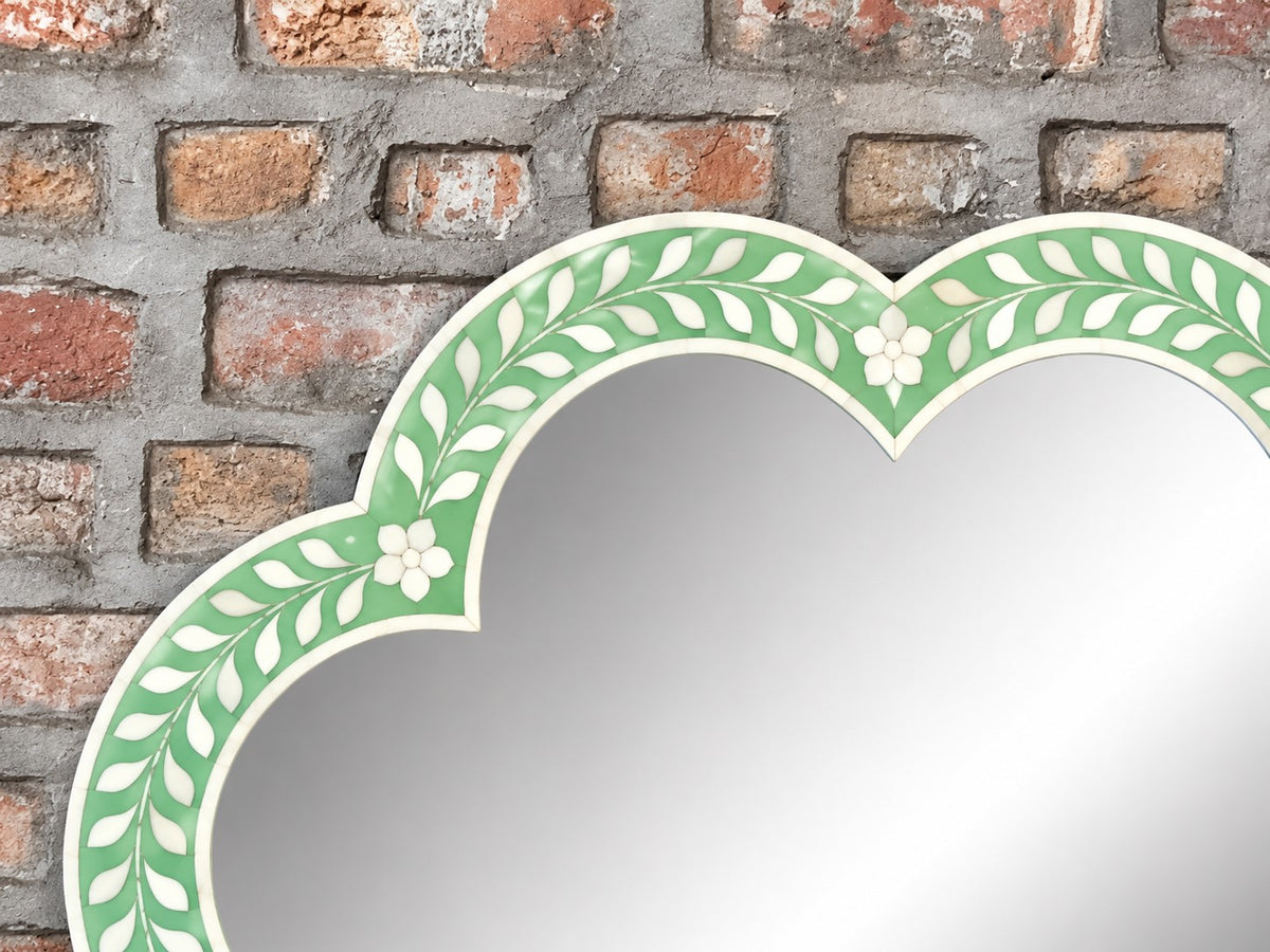 Handmade Green Floral Bone Inlay Scalloped Wall Mirror
