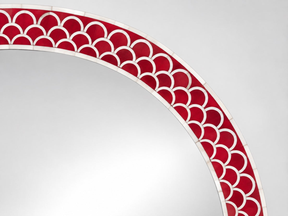 Handmade Red Bone Inlay Round Mirror – Scallop Pattern