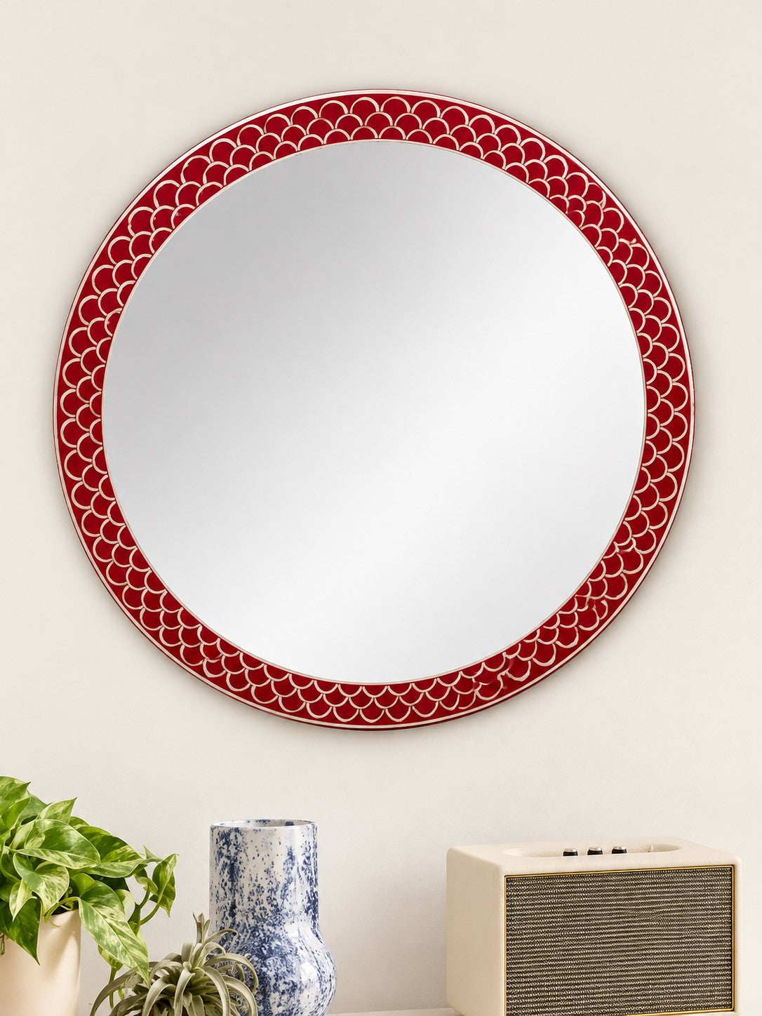 Handmade Red Bone Inlay Round Mirror – Scallop Pattern