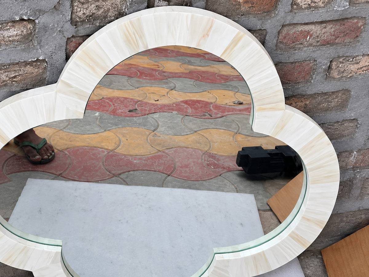 Handmade White Bone Inlay Quatrefoil Mirror – Floral Shape