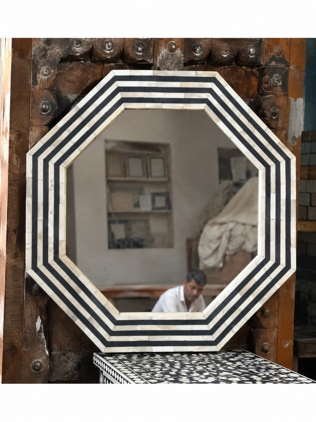 Handmade Black & White Bone Inlay Octagon Mirror – Striped Design