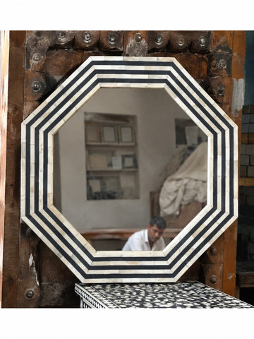Handmade Black & White Bone Inlay Octagon Mirror – Striped Design