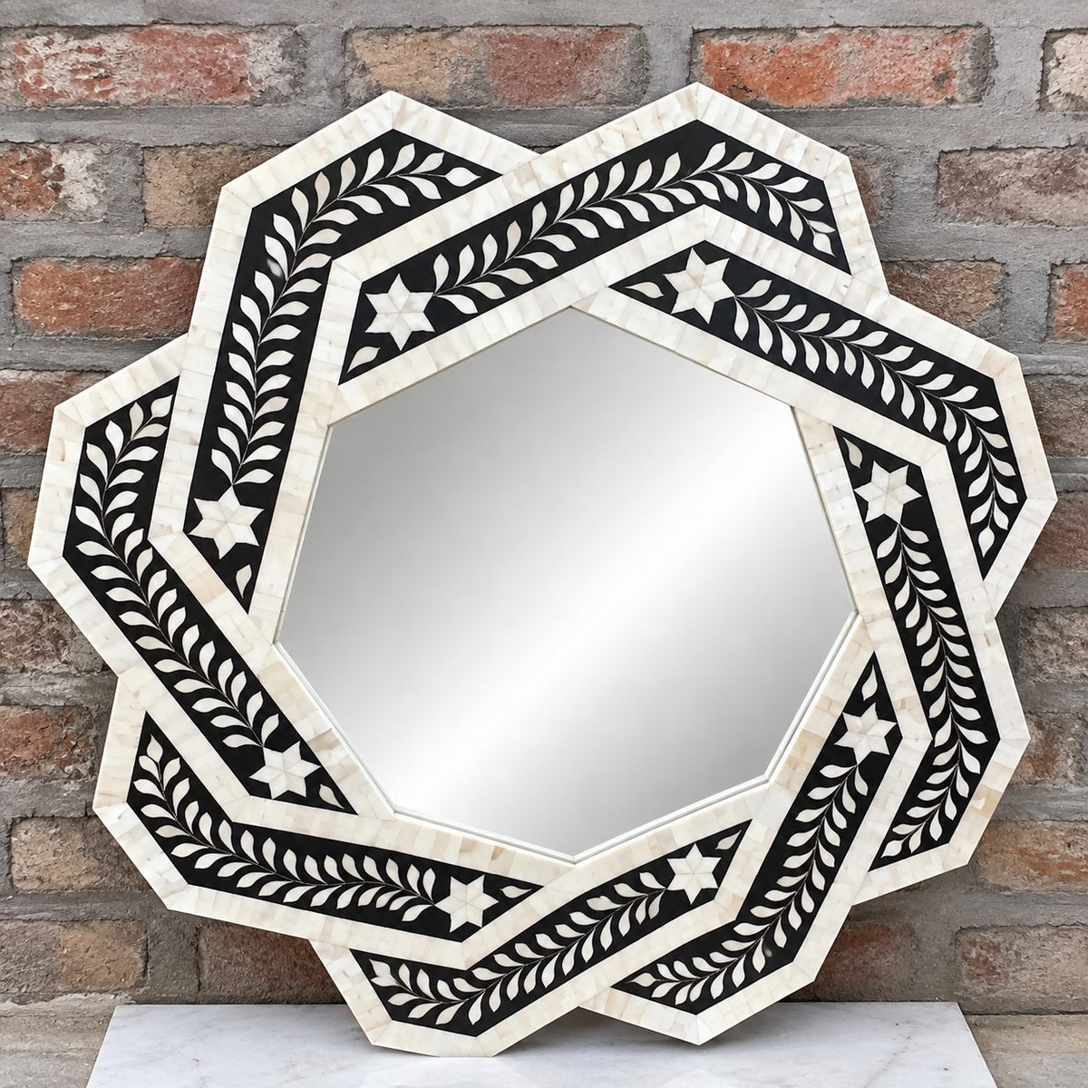 Handmade Black & White Bone Inlay Star Mirror – Floral Design