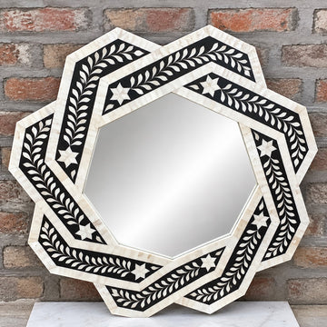Handmade Black & White Bone Inlay Star Mirror – Floral Design