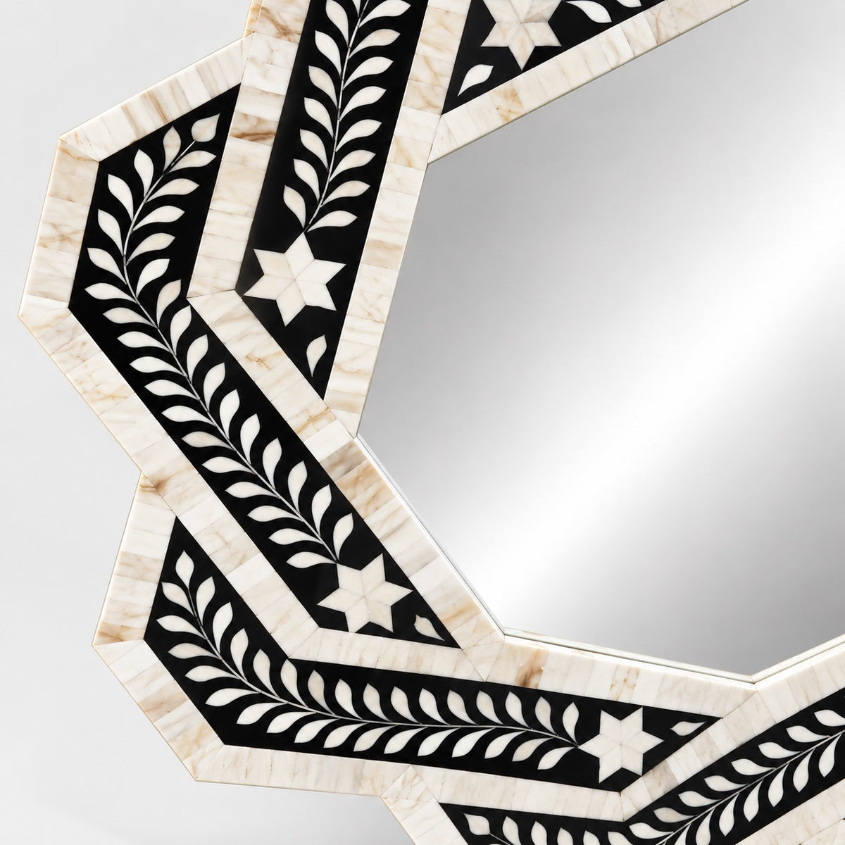 Handmade Black & White Bone Inlay Star Mirror – Floral Design