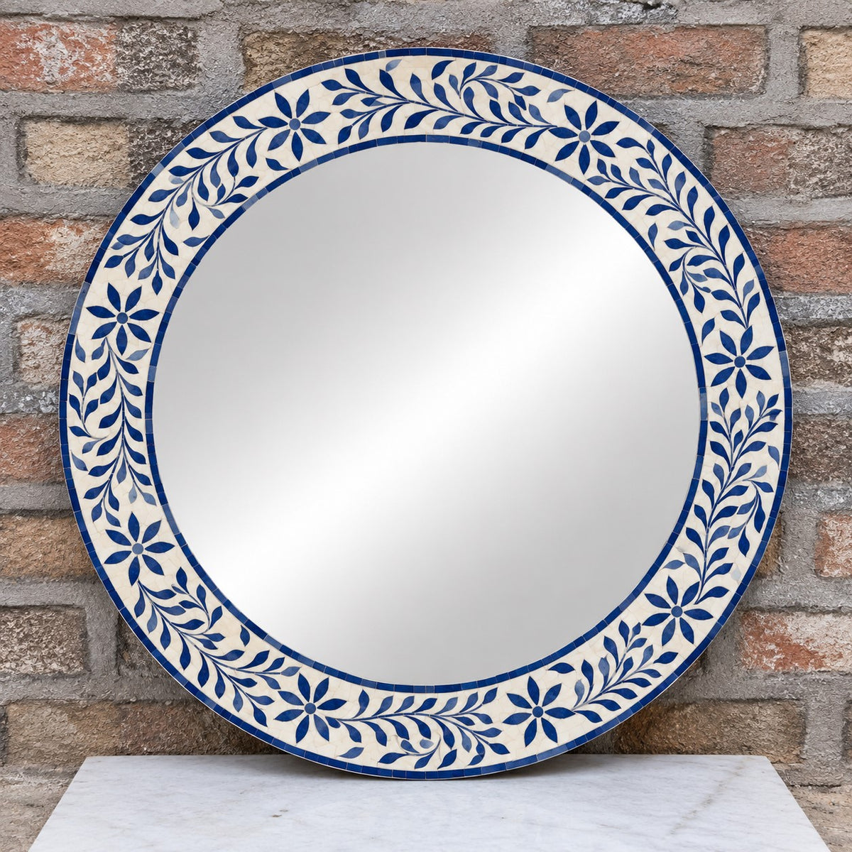 Handmade Blue Floral Bone Inlay Round Mirror