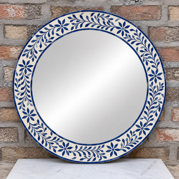 Handmade Blue Floral Bone Inlay Round Mirror