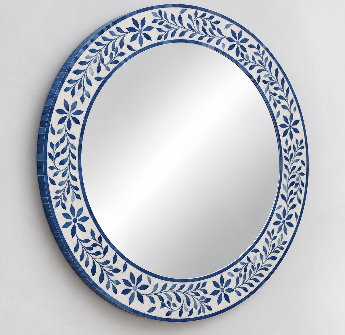 Handmade Blue Floral Bone Inlay Round Mirror