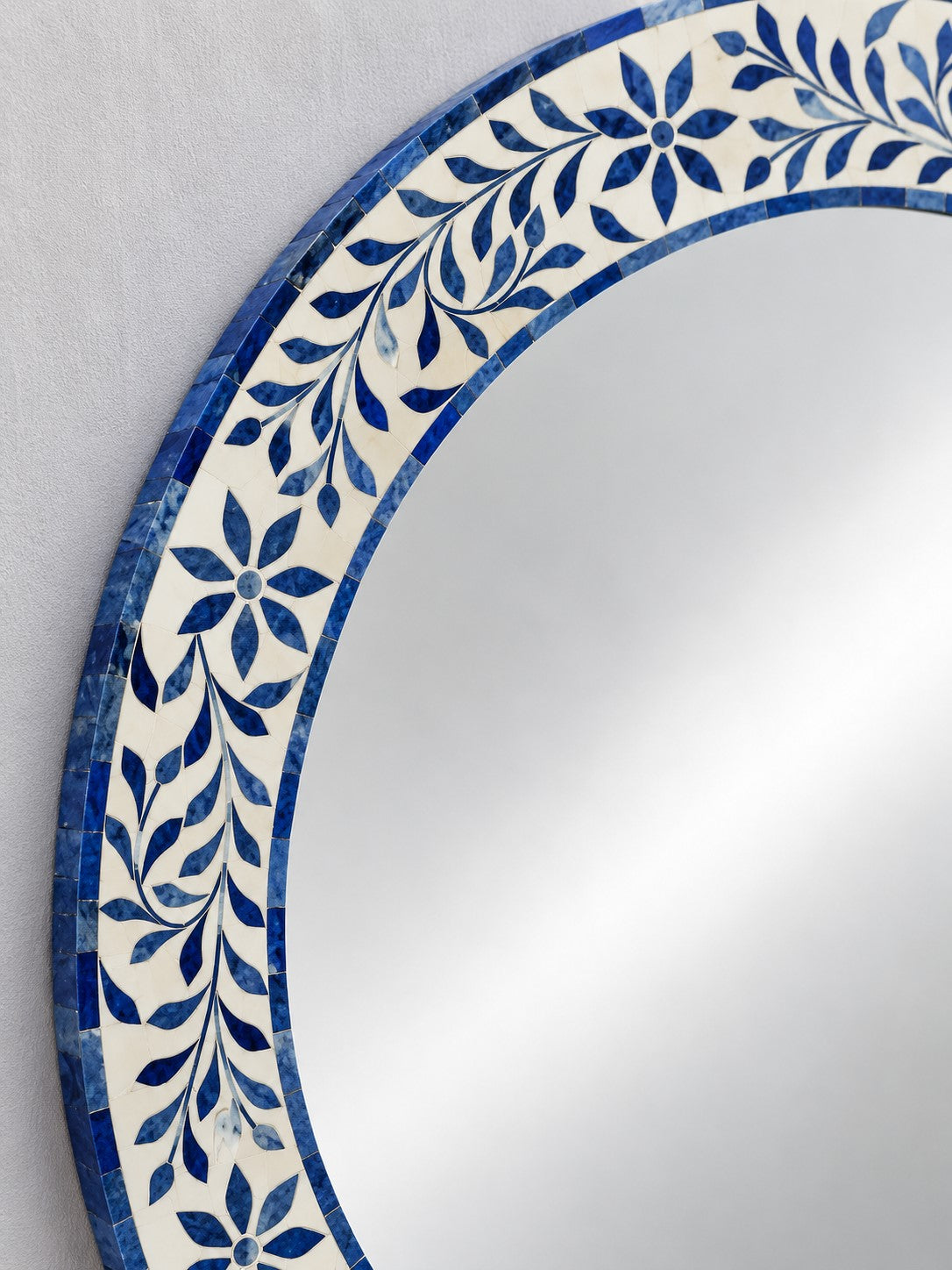 Handmade Blue Floral Bone Inlay Round Mirror