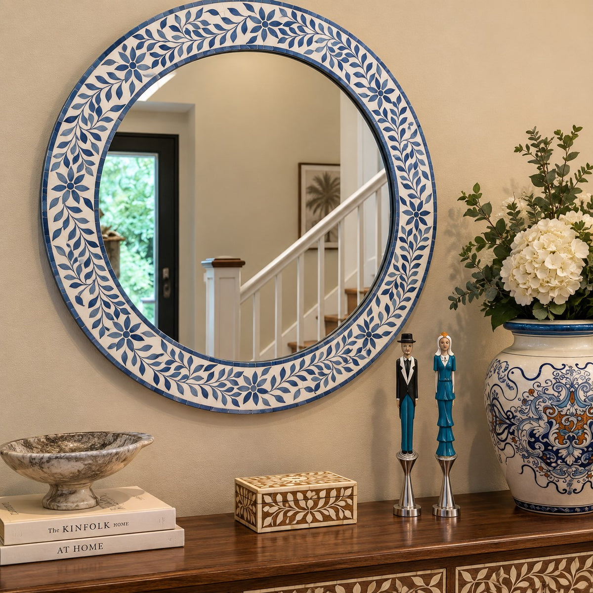 Handmade Blue Floral Bone Inlay Round Mirror