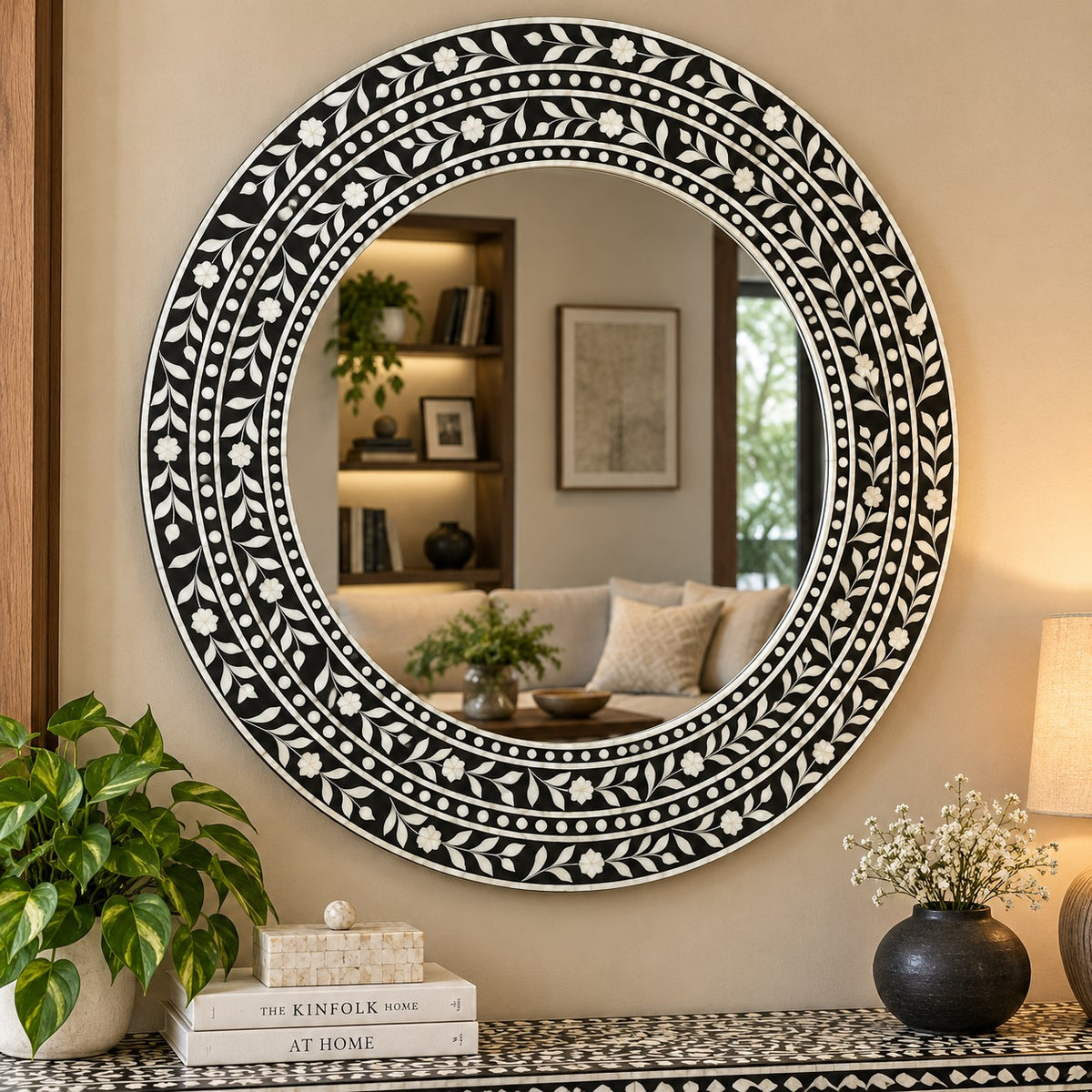 Handmade Black & White Bone Inlay Round Mirror – Floral Vine Design