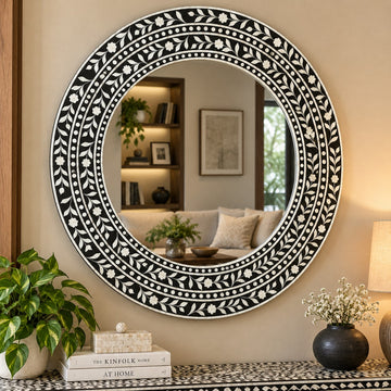 Handmade Black & White Bone Inlay Round Mirror – Floral Vine Design