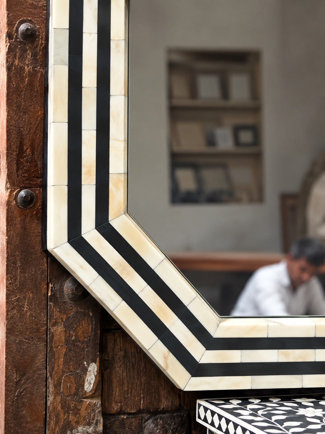 Handmade Black & White Bone Inlay Octagon Mirror – Striped Design