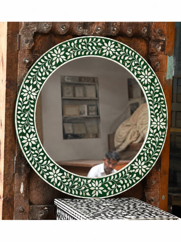 Handmade Green Bone Inlay Round Mirror – Floral & Leaf Design