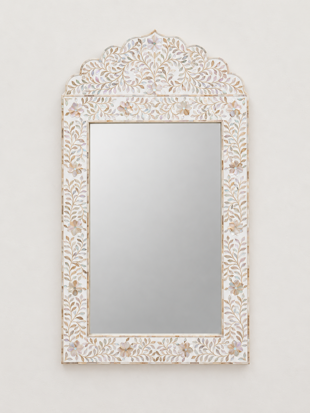 Mother of Pearl Inlay Arch Mirror – Handmade Floral Decorative Wall Mirror