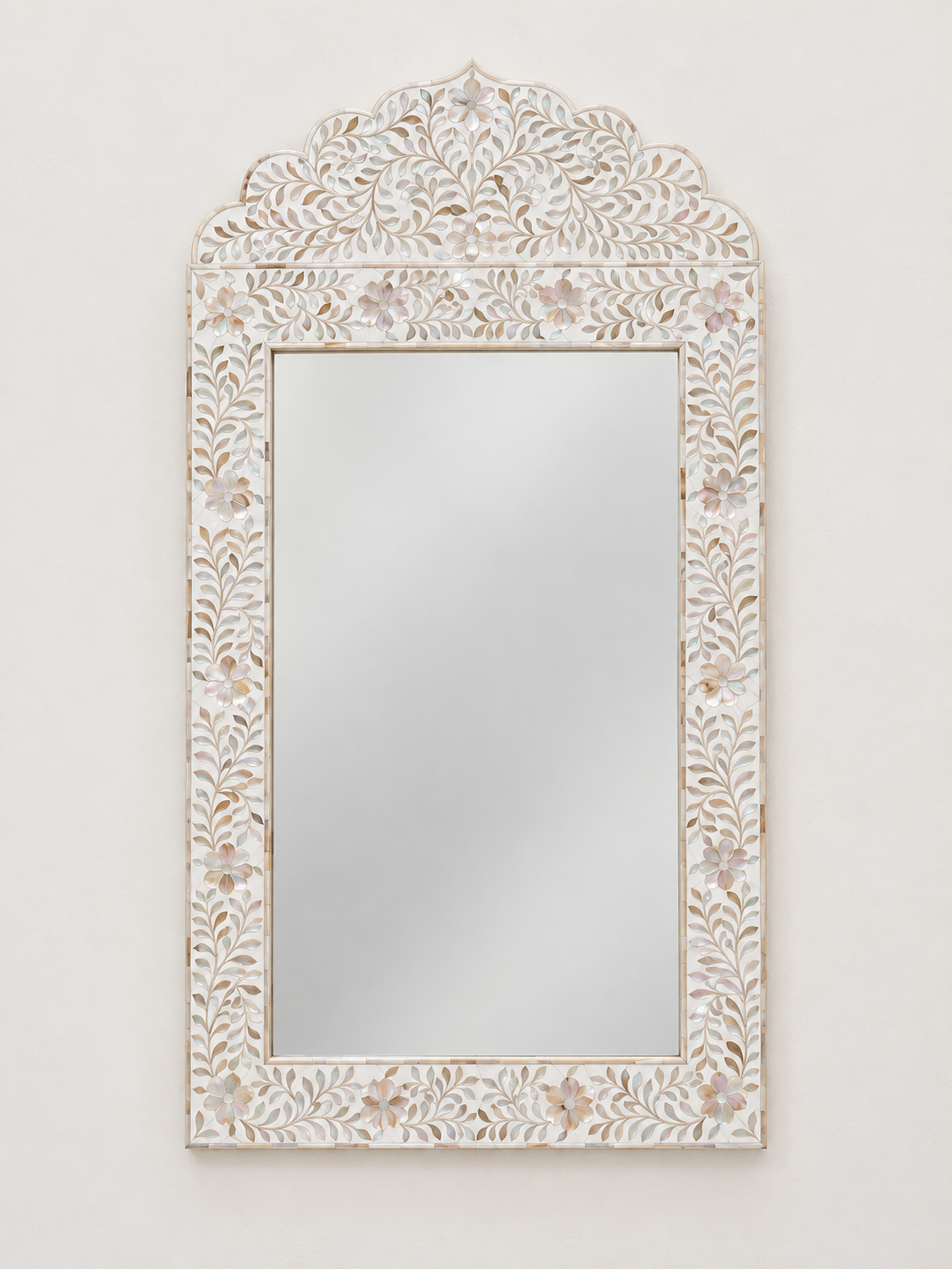 Mother of Pearl Inlay Arch Mirror – Handmade Floral Decorative Wall Mirror
