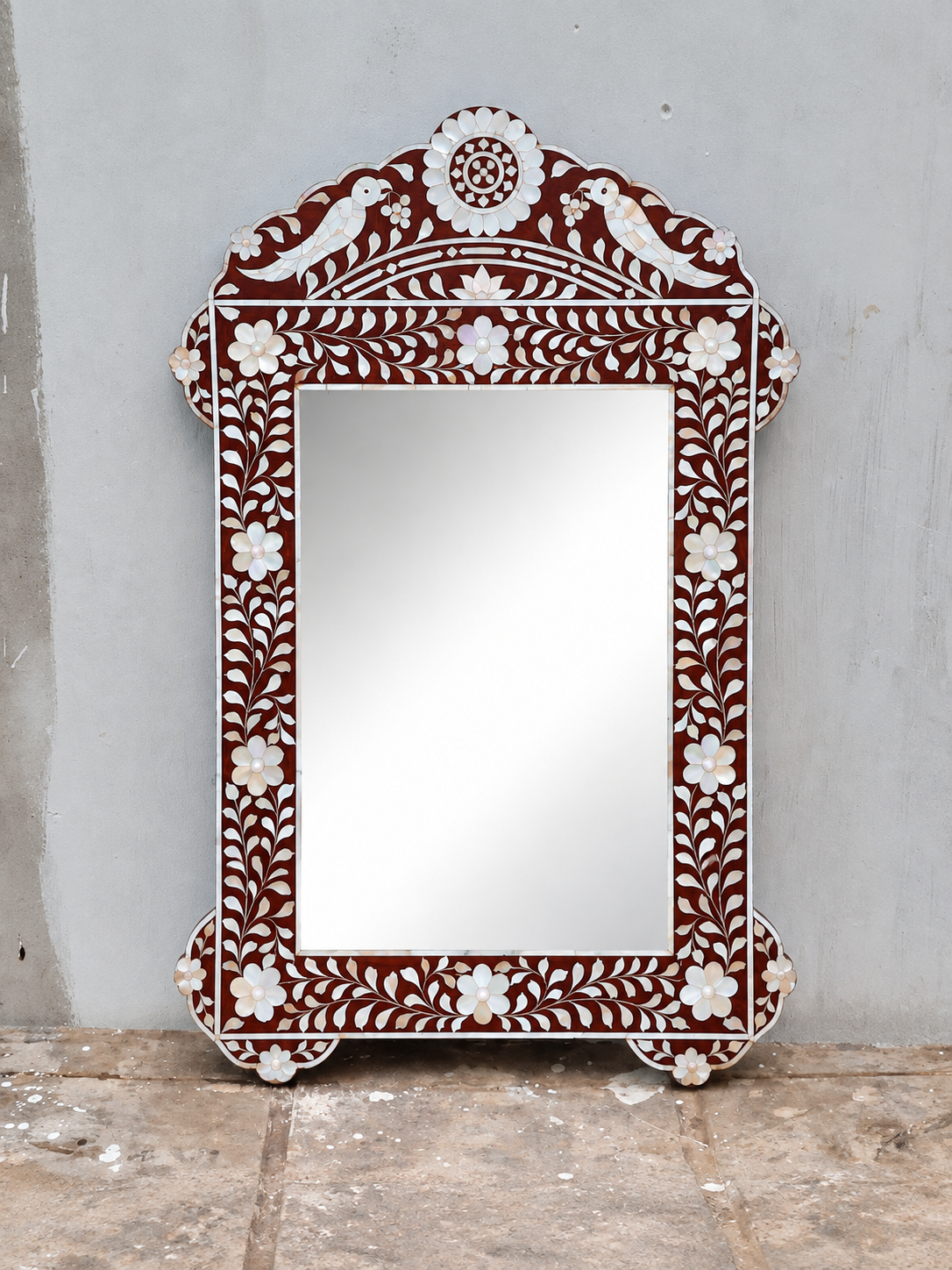 Brown Mother of Pearl Inlay Mirror – Handmade Peacock Floral Wall Mirror