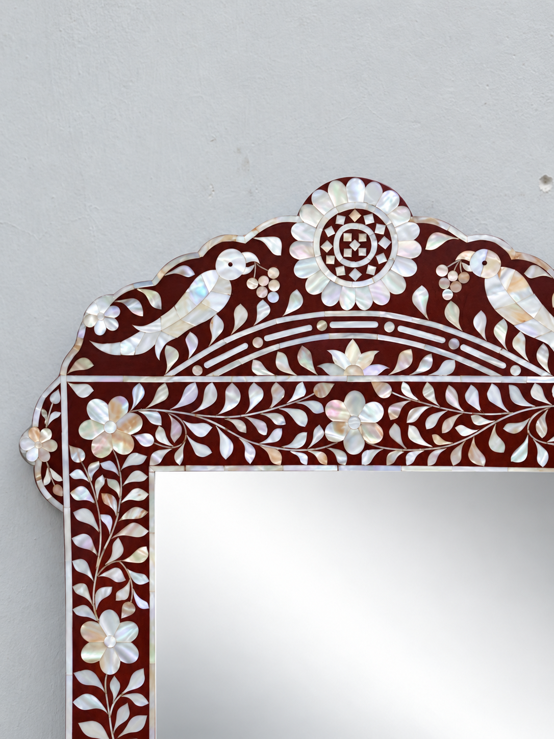Brown Mother of Pearl Inlay Mirror – Handmade Peacock Floral Wall Mirror