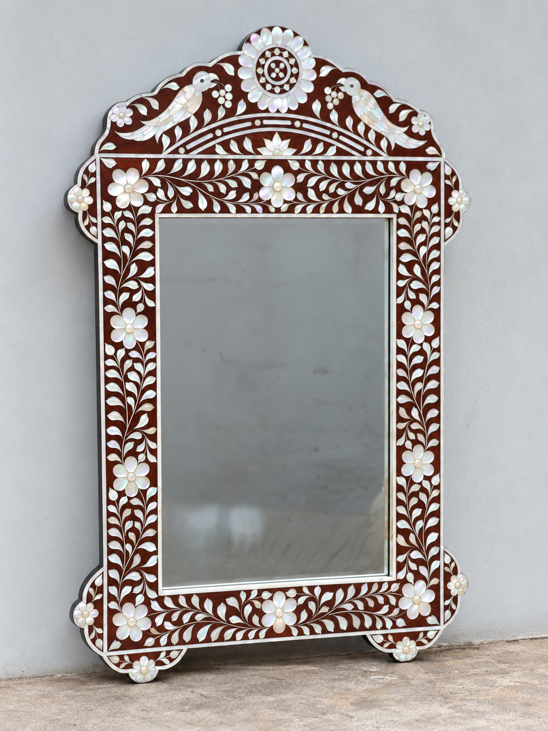 Brown Mother of Pearl Inlay Mirror – Handmade Peacock Floral Wall Mirror