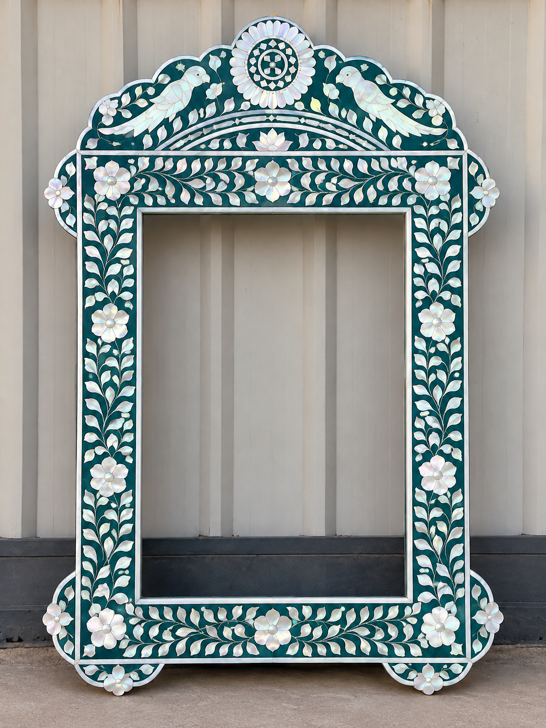 Teal mother of pearl inlay wall mirror with handmade peacock bird and floral design