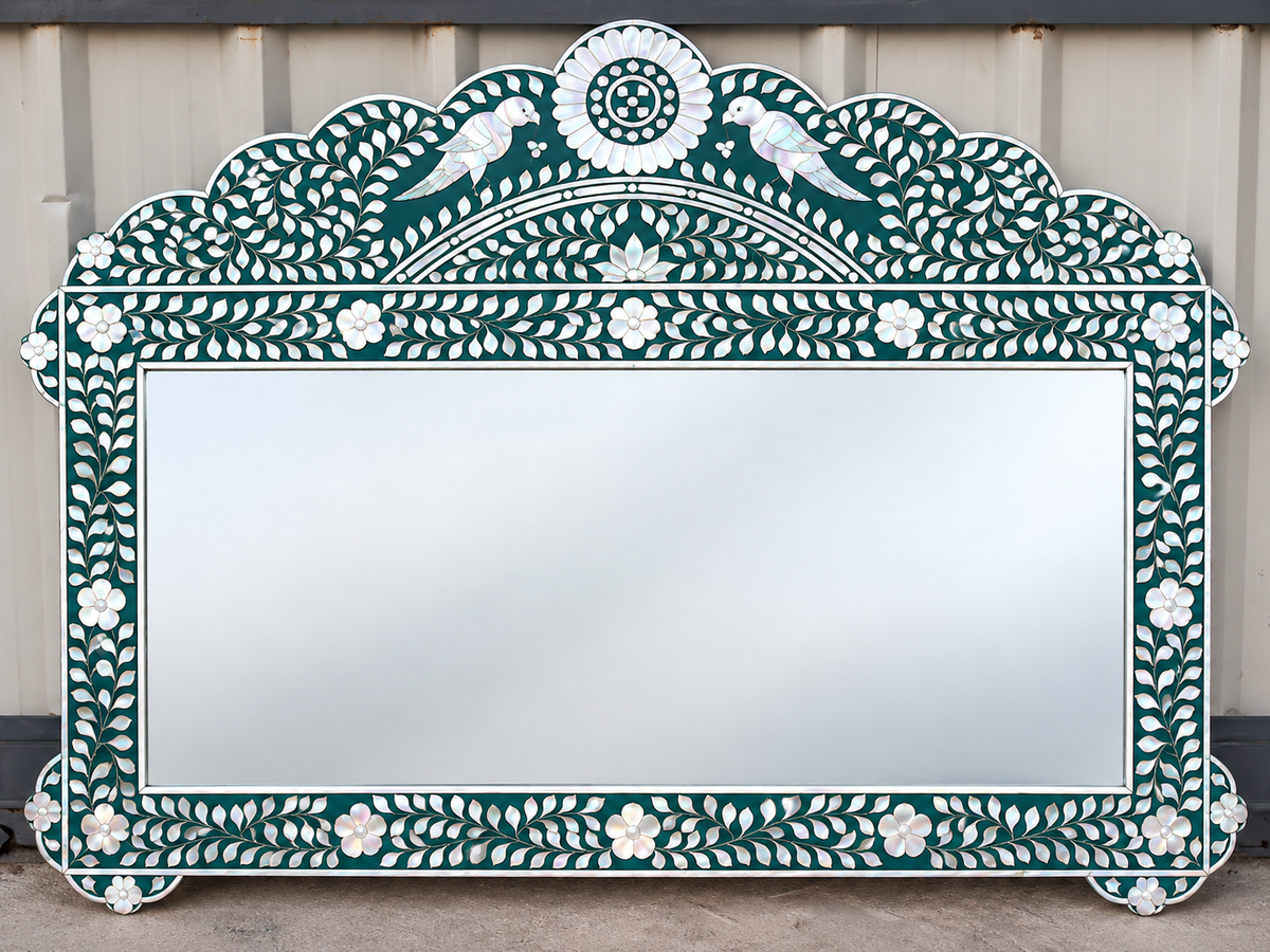 Teal Mother of Pearl Inlay Mirror – Handmade Peacock Floral Wall Mirror