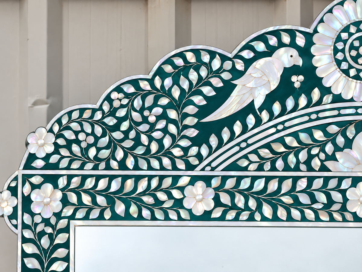 Teal Mother of Pearl Inlay Mirror – Handmade Peacock Floral Wall Mirror
