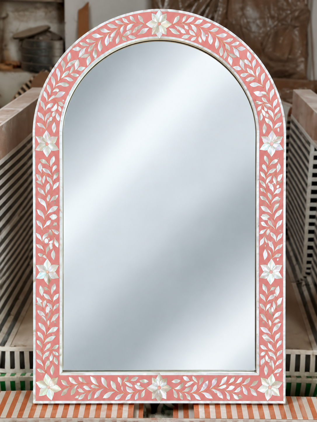 Pink mother of pearl inlay arch mirror with handmade floral and leaf design