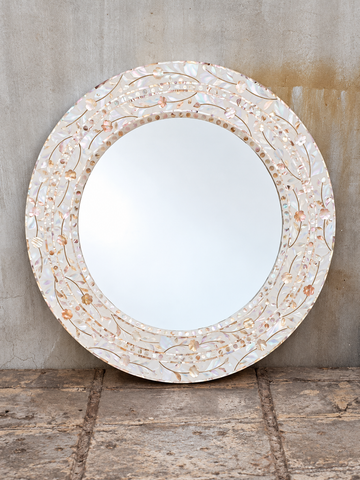 White mother of pearl inlay round wall mirror with handmade floral vine design and iridescent finish