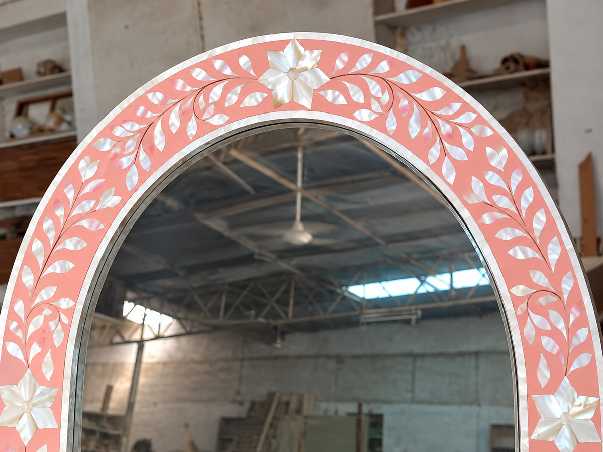 Pink Mother of Pearl Inlay Arch Mirror – Handmade Floral Wall Mirror