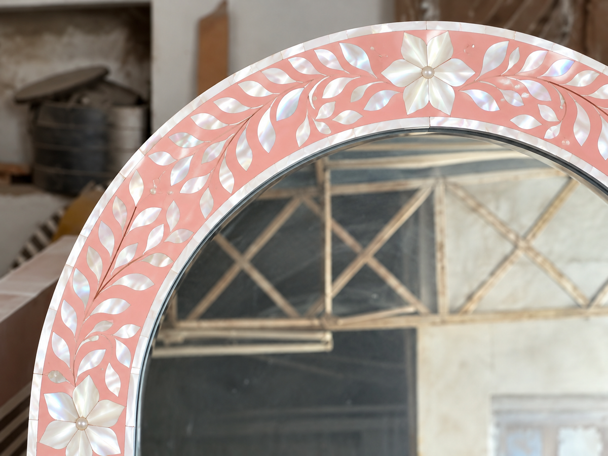 Pink Mother of Pearl Inlay Arch Mirror – Handmade Floral Wall Mirror