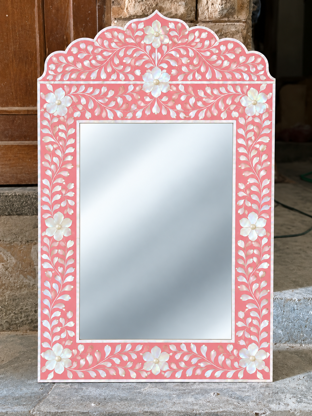 Pink mother of pearl inlay rectangular wall mirror with floral design and ornate crown top