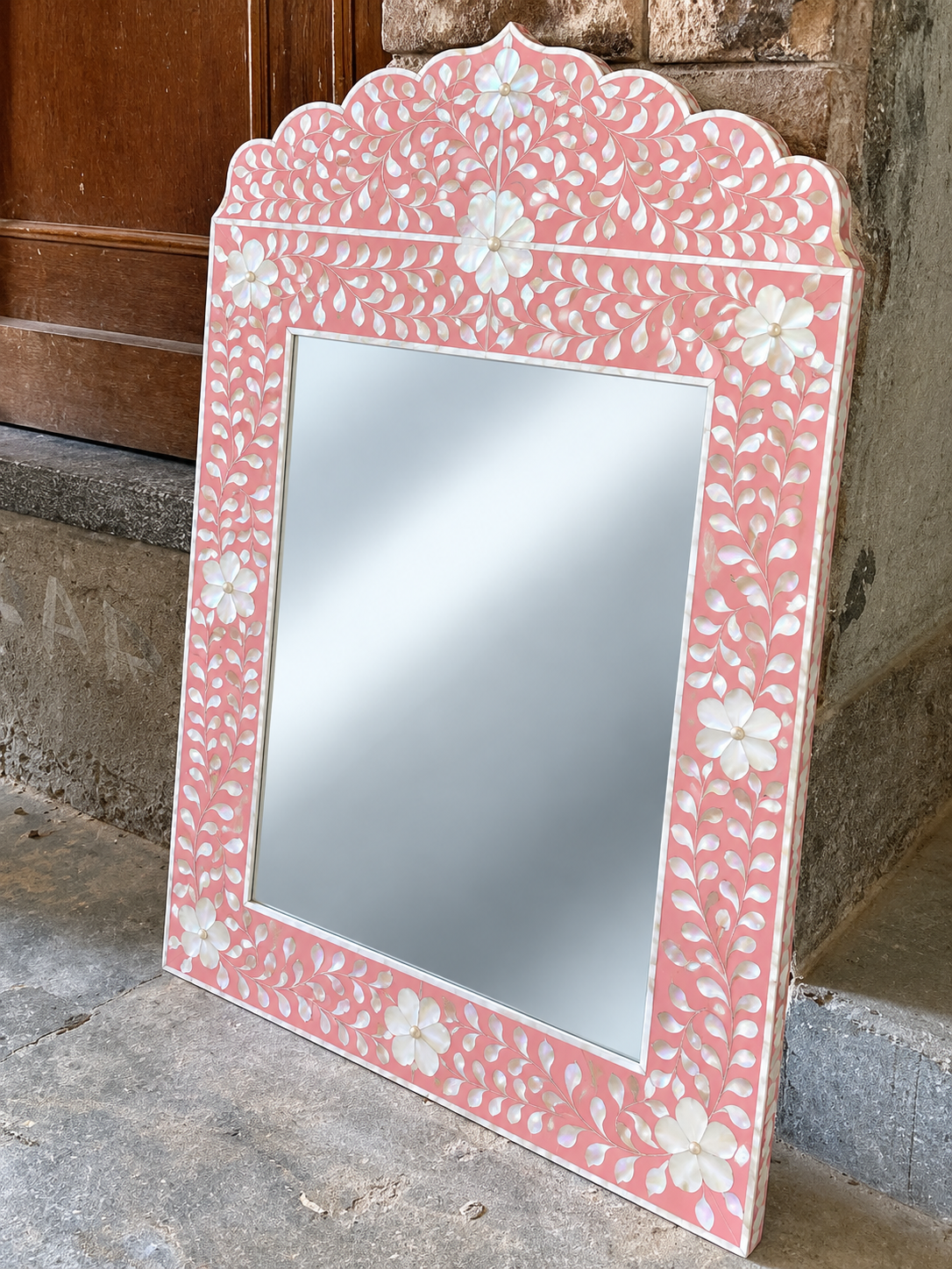 Pink Mother of Pearl Inlay Mirror – Handmade Floral Crown Wall Mirror