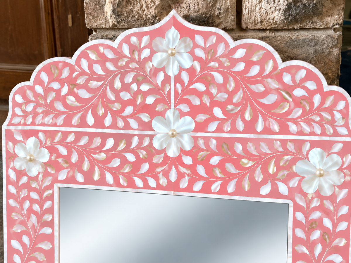 Pink Mother of Pearl Inlay Mirror – Handmade Floral Crown Wall Mirror