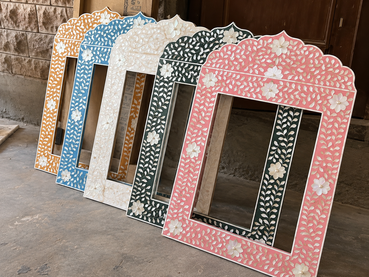 Pink Mother of Pearl Inlay Mirror – Handmade Floral Crown Wall Mirror