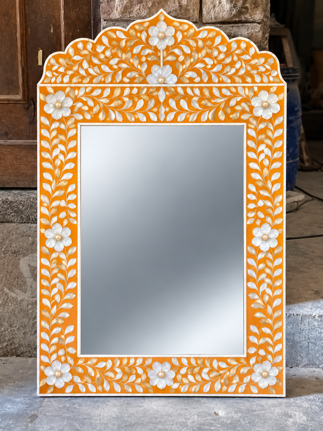 Orange Mother of Pearl Inlay Mirror – Handmade Floral Crown Wall Mirror