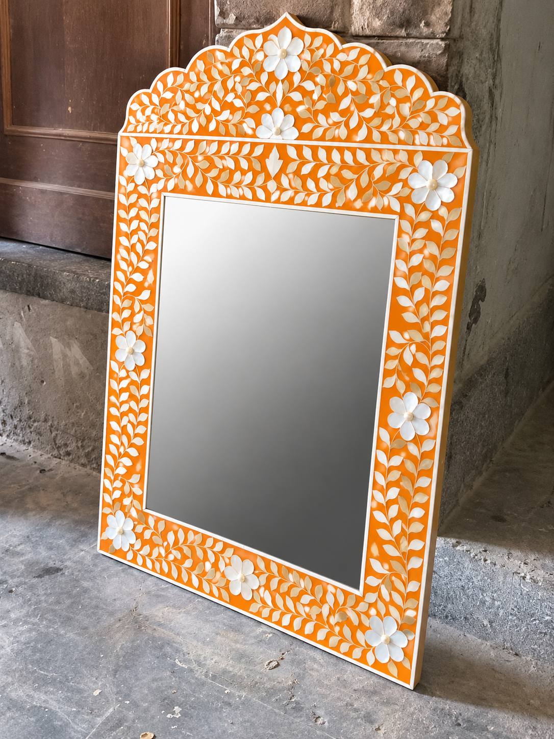Orange Mother of Pearl Inlay Mirror – Handmade Floral Crown Wall Mirror